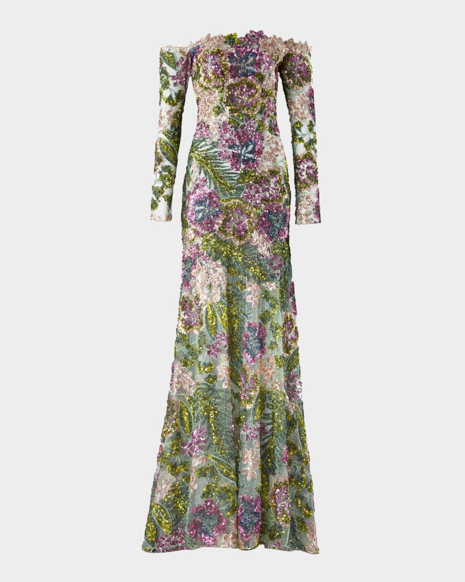 Rafaella Floral Sequined Off-The-Shoulder Trumpet Dress